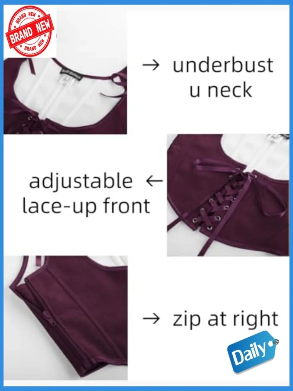 Underbust Corset Top with Zip Closure, Lace-up Boned, Renaissance Fairycore